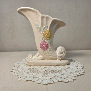 Vintage Hull Ceramic Cornucopia Vase With Floral Embellishments